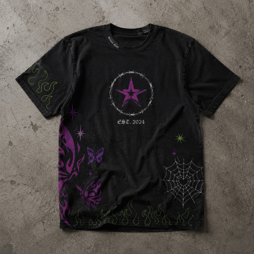 Heaven Sent Gothic Butterfly Tee — Purple Star & Web Graphic Shirt