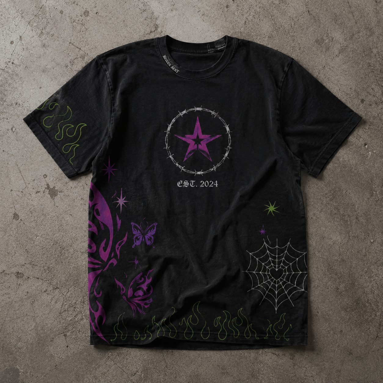 Heaven Sent Gothic Butterfly Tee — Purple Star & Web Graphic Shirt