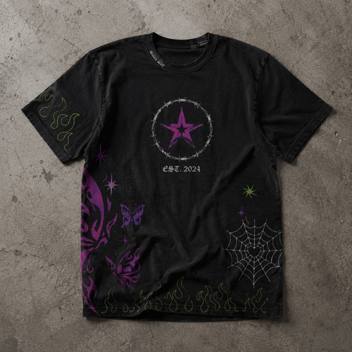 Heaven Sent Gothic Butterfly Tee — Purple Star & Web Graphic Shirt