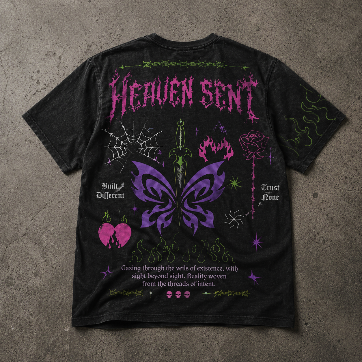 Heaven Sent Gothic Butterfly Tee — Purple Star & Web Graphic Shirt